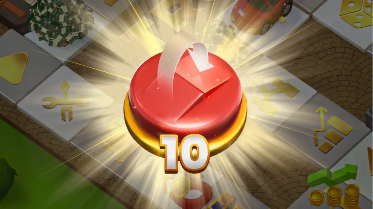 Red game token on board game square with glowing light rays and number 10 below it.