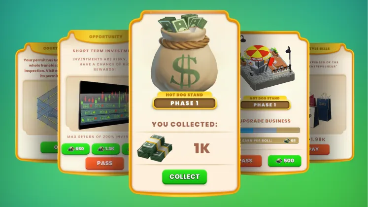 Game interface showing collection of 1K money from a Phase 1 hot dog stand with options to upgrade or pass on investment cards in the background.