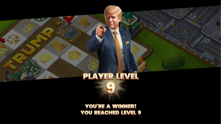 Digital game screen with a character resembling Donald Trump pointing and text showing Player Level 9 and message You’re a winner! You reached level 9.