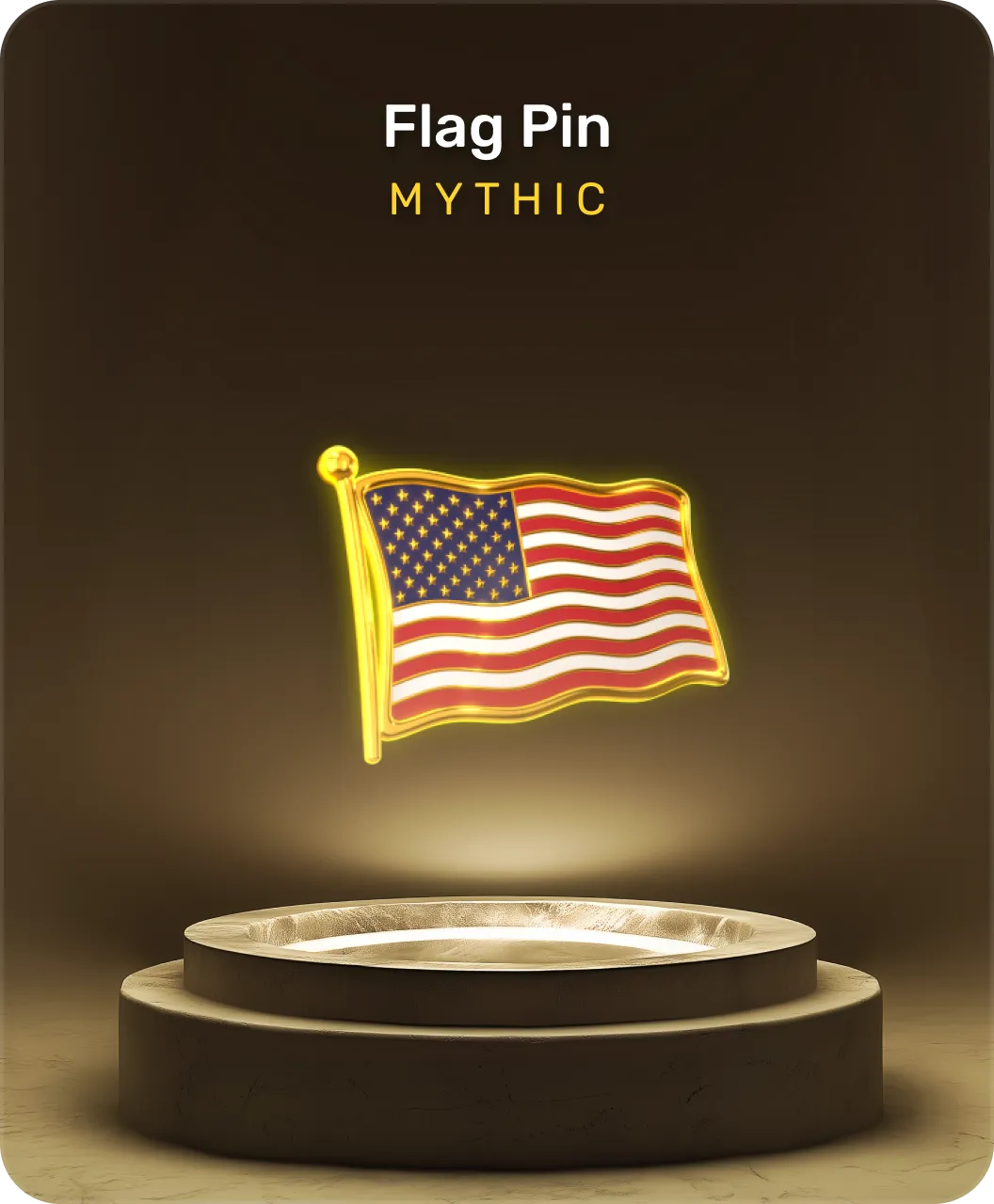 Golden glowing enamel pin of the American flag displayed above a round marble pedestal.